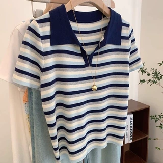 【451#M-4XL/1色】条纹设计感拼接休闲大码短袖T恤上衣女士Polo衫