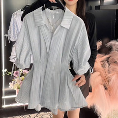 重工のアイロン掛けの青いストライプのシャツの婦人服-夏の2025年の新型のvネックの上で腰の袖口を収めて縄のシャツを引きます。