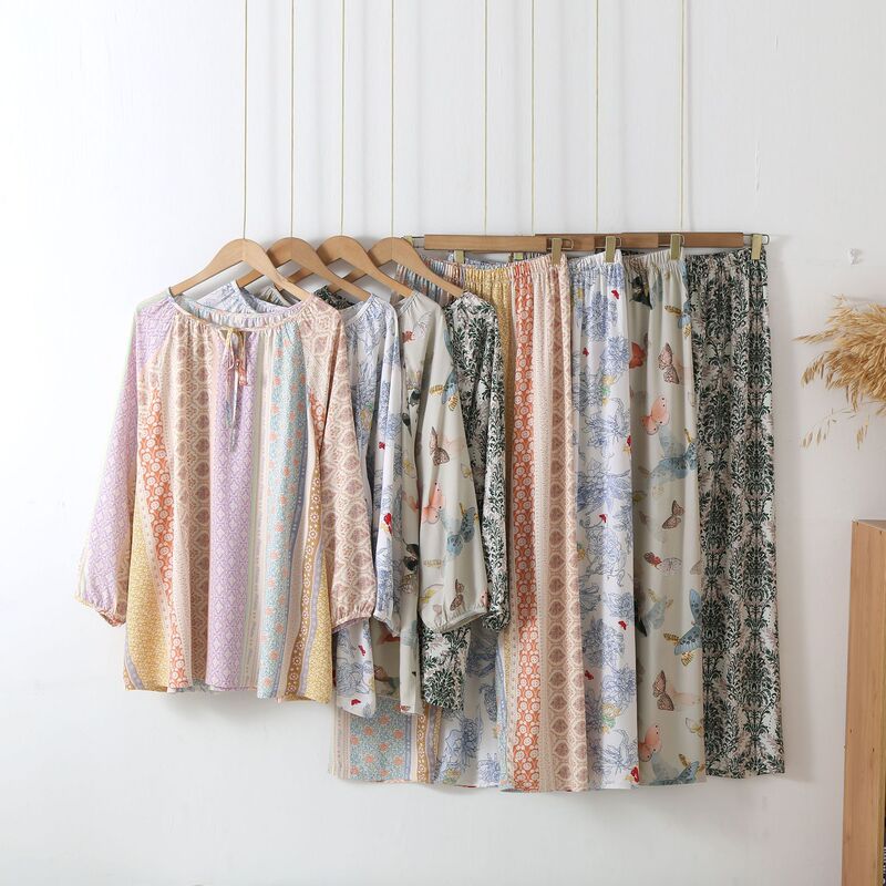 Cotton Silk Spring and Summer National Style High-end Women's Pajamas Long-sleeved Trousers Loose plus size Thin Cotton Silk Home Clothes suit Cotton Silk Spring and Summer National Style High-end Women's Pajamas Long-sleeved Trousers Loose plus size Thin Cotton Silk Home Clothes suit