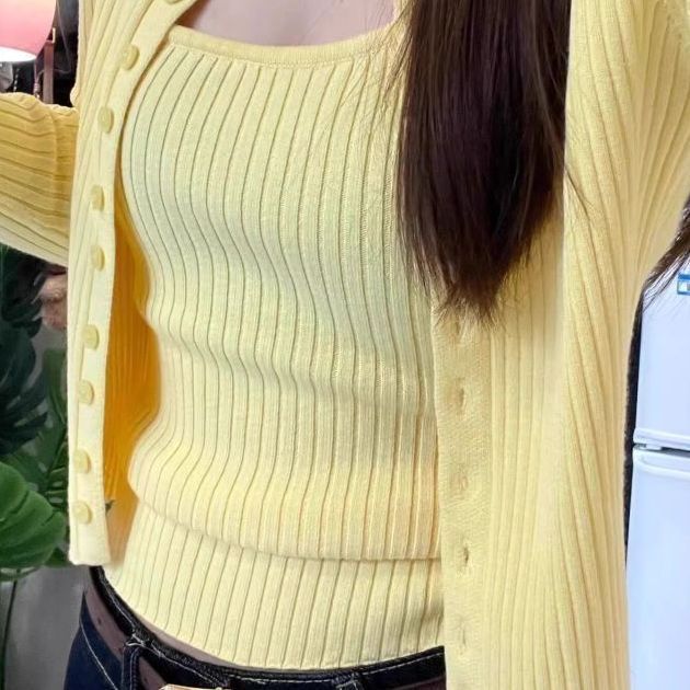 韩系减龄套装女春秋新款长袖纽扣宽松针织开衫色修身内搭两件套|undefined