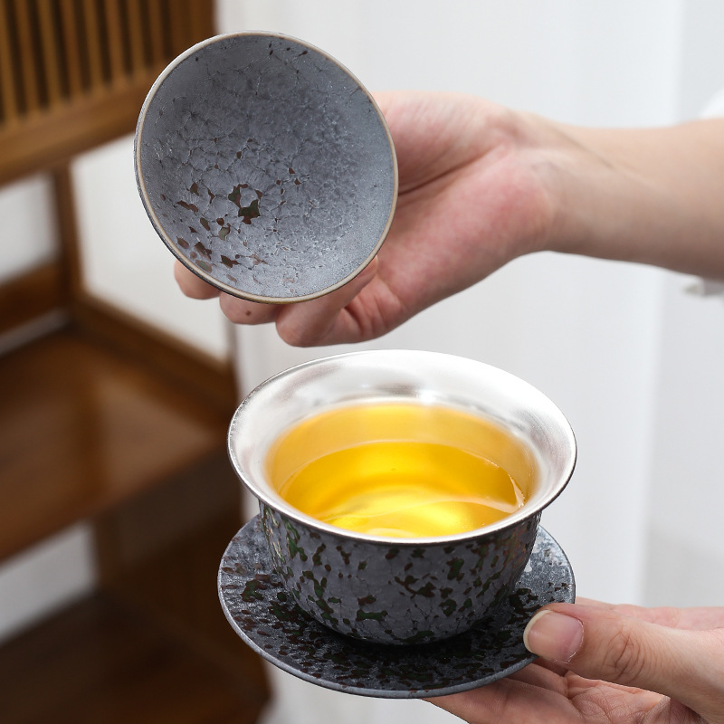 999纯银三才盖碗鎏银陶瓷泡茶盖碗复古茶备家用功夫茶具泡茶盖碗|ms