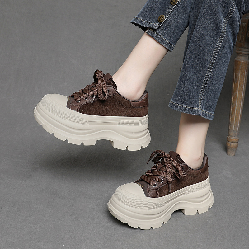 First-Layer Cowhide Small Thick-Soled Height-Increasing Platform Shoes for Women 2025 Autum New Fashion Versatile Casual Sneakers for Women