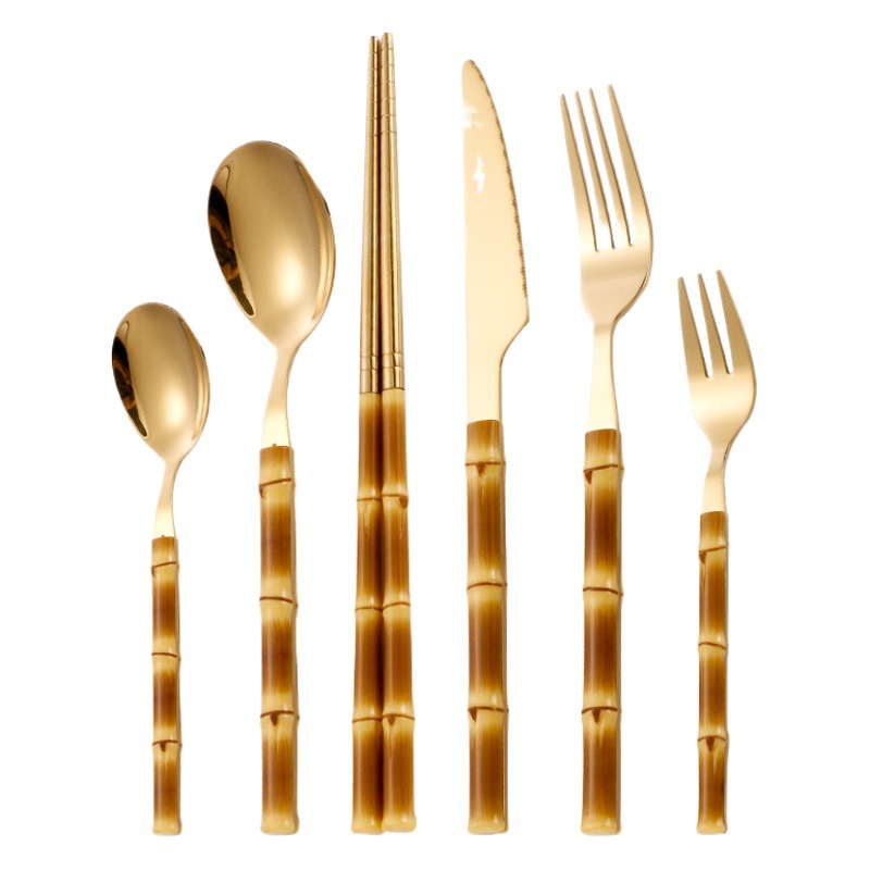 Cuchillo de acero inoxidable, tenedor y cuchara Hotel creativo vajilla occidental cuchillo de filete, tenedor y cuchara Palillos de bambú de imitación transfronteriza