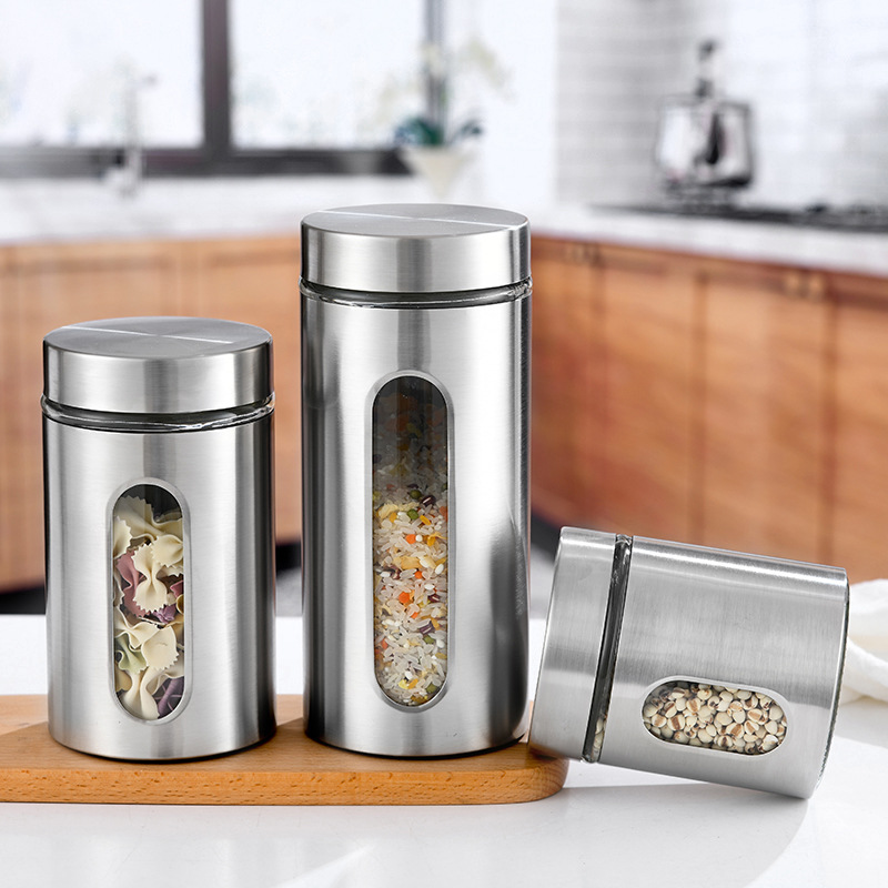 Kitchen Glass Sealed Jar Stainless Steel Storage Jar Glass Tea Jar Kitchen Grain Storage Jar Storage Box