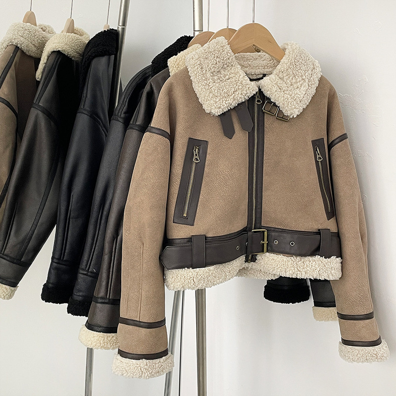 In-Stock European and American Amazon Popular Autumn and Winter New Lamb Fur Retro Biker Short Jacket Coat