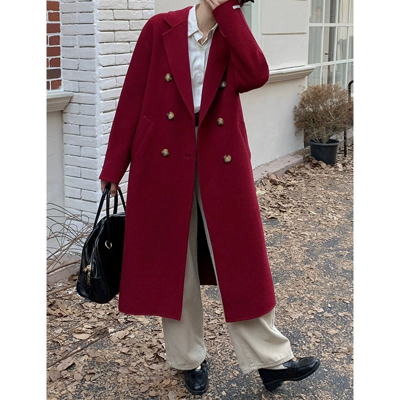 Элитное кашемировое классическое пальто 801 с поясом для женщин, красное анкараское повседневное двубортное шерстяное пальто.
