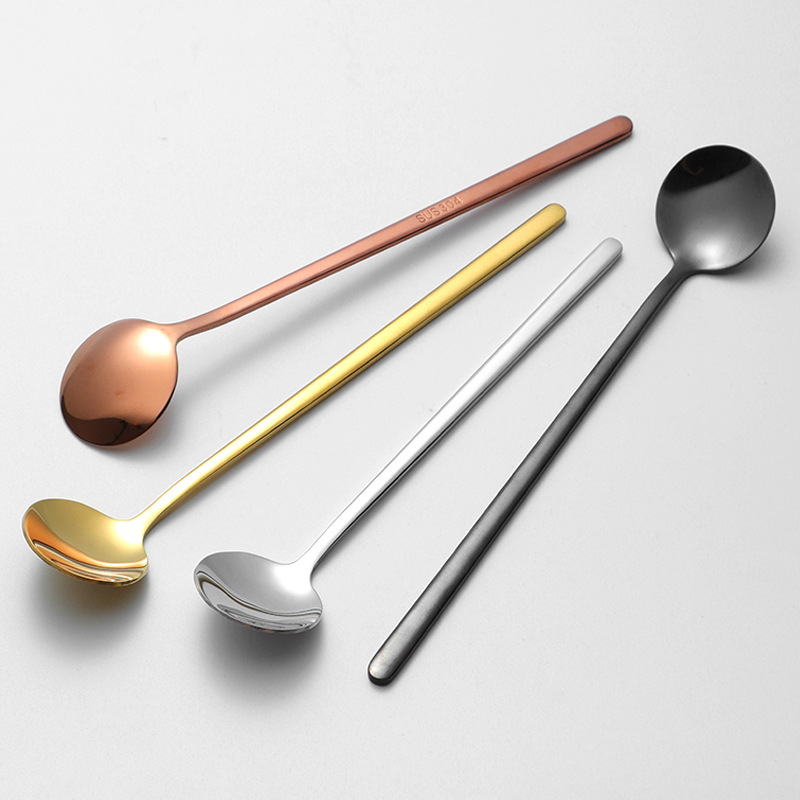 304 Stainless Steel Small Round Spoon With Long Handle, Stirring Coffee Dessert Mug Spoon, Mirror Polished, Nordic Style_voghion.com
