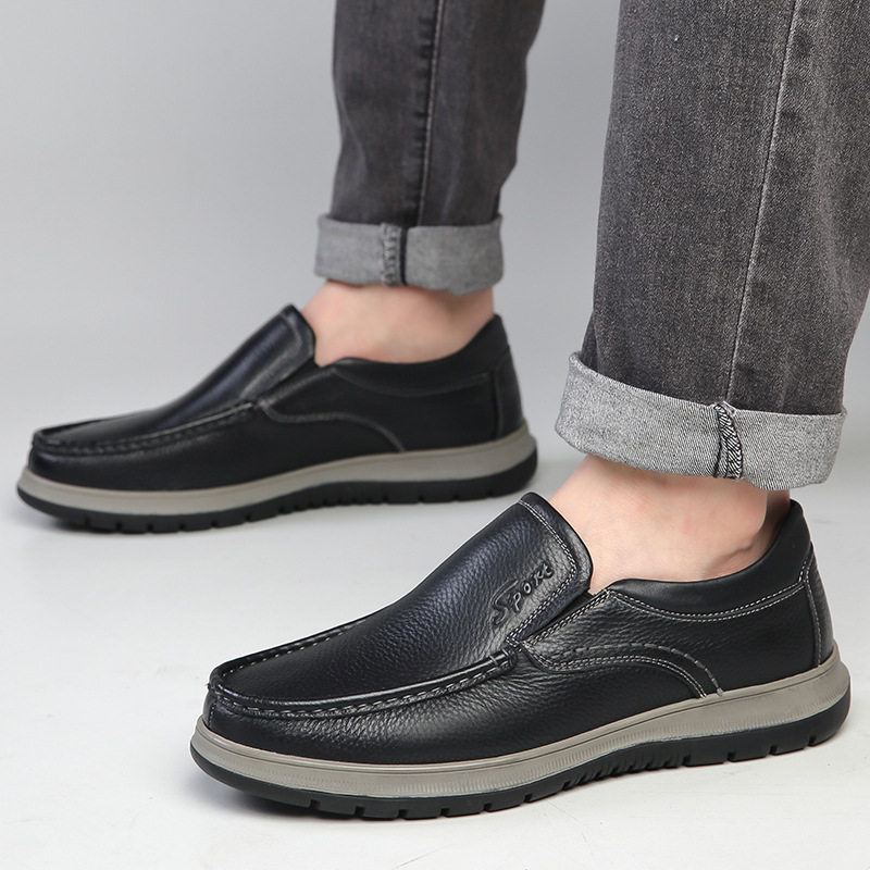 Giày lười nam da bò mũi tròn gót thấp 1–3 cm, kiểu mới mùa thu đông — Bông xanh, Bông đen, Màu xanh da trời, đen
