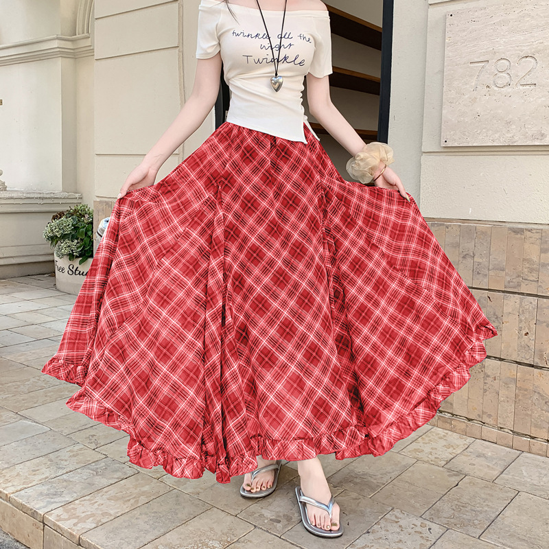 Summer retro red colored shiffon long skirt