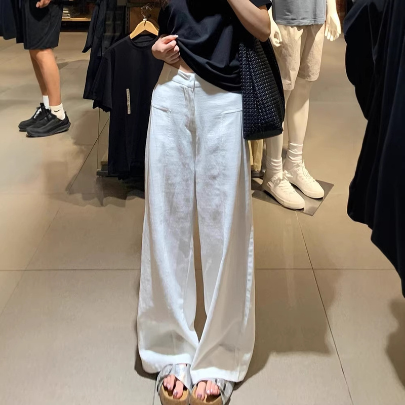 White Linen Wide-Leg Pants for Women, Spring/Summer 2026 New High-Waisted Loose Bf Style Casual Linen Suit Long Pants