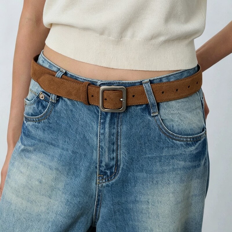 Brown Suede Belt with a Light Luxury Pin Buckle, Versatile Retro Suede Wide Belt to Pair with Jeans, in Stock for Dropshipping
