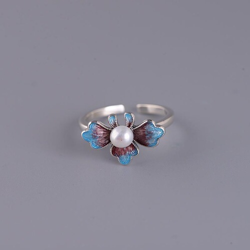 Peony Flower Ring S925 Silver Retro Women's Fashion Ethnic Style Enamel Set with Pearl Open Adjustable Ring