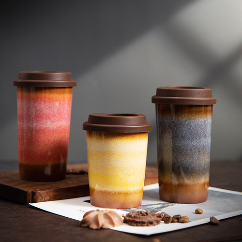 跨境陶瓷窑变咖啡杯高颜值便携胶囊可乐杯大容量渐变水杯带硅胶盖