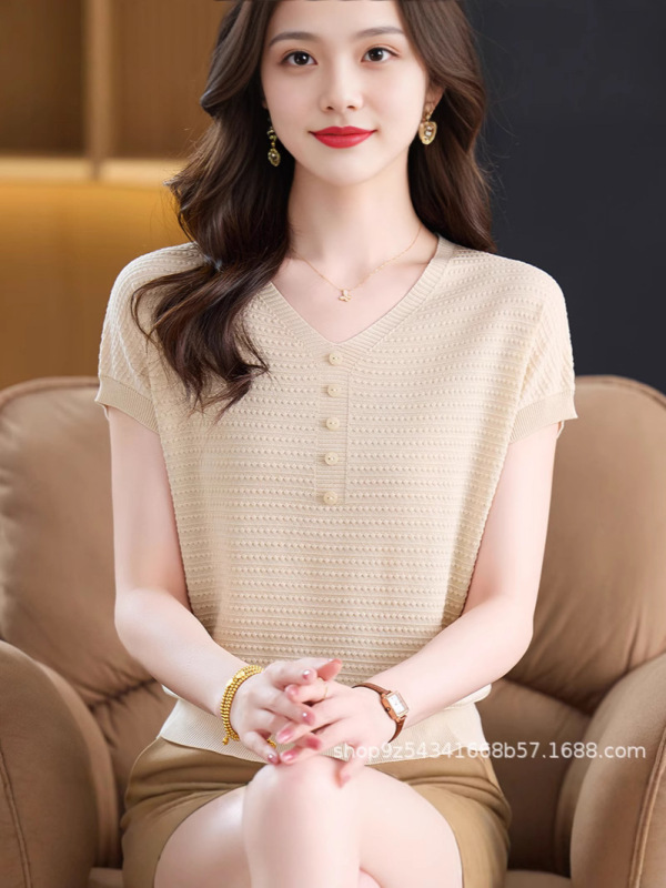夏季冰丝针织短袖t恤女2025年新款时尚百搭V领薄款舒适T恤上衣女|undefined