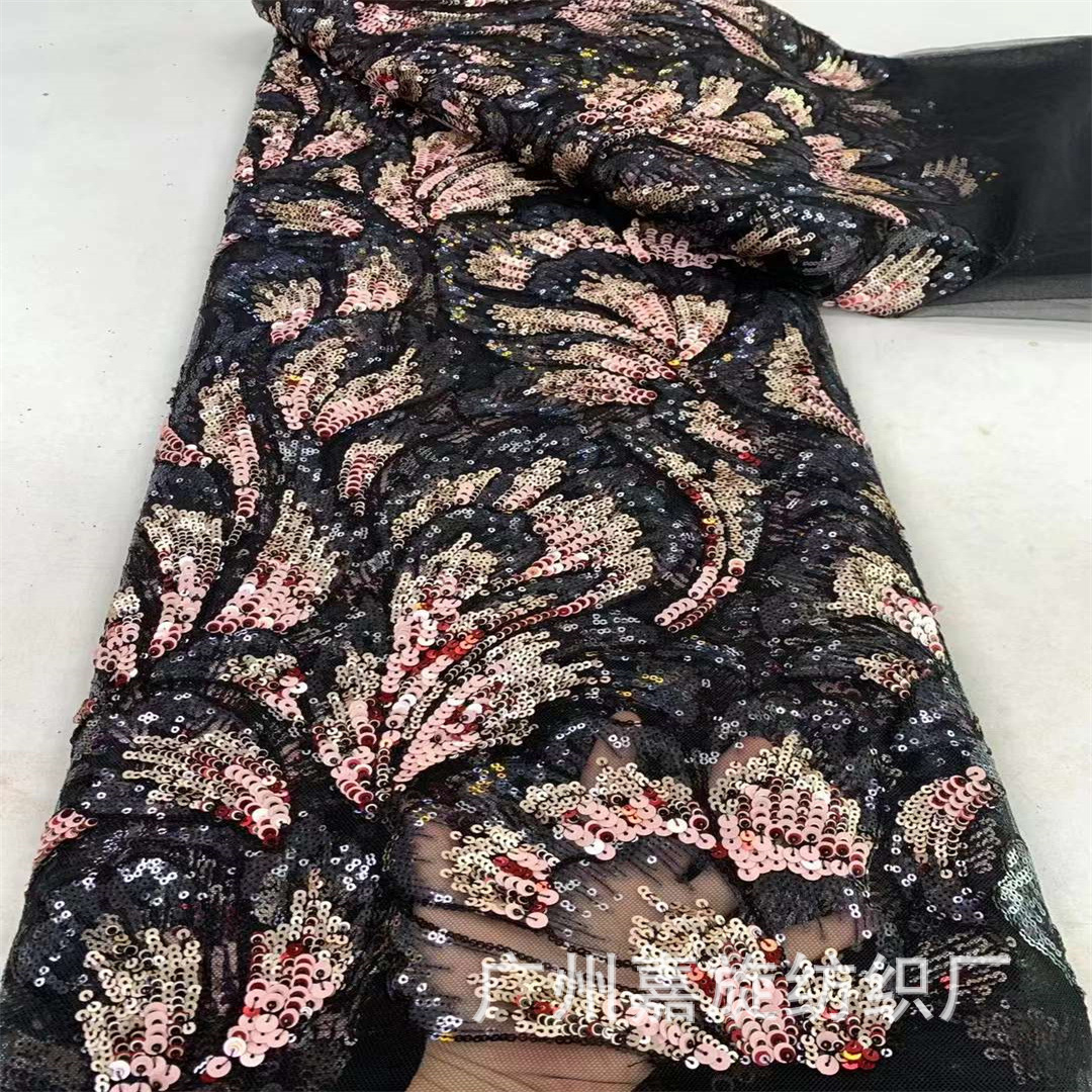 Moda estilo étnico posicionamiento flor lentejuelas bordado vestido de encaje africano vestido de escenario de boda tela de encaje