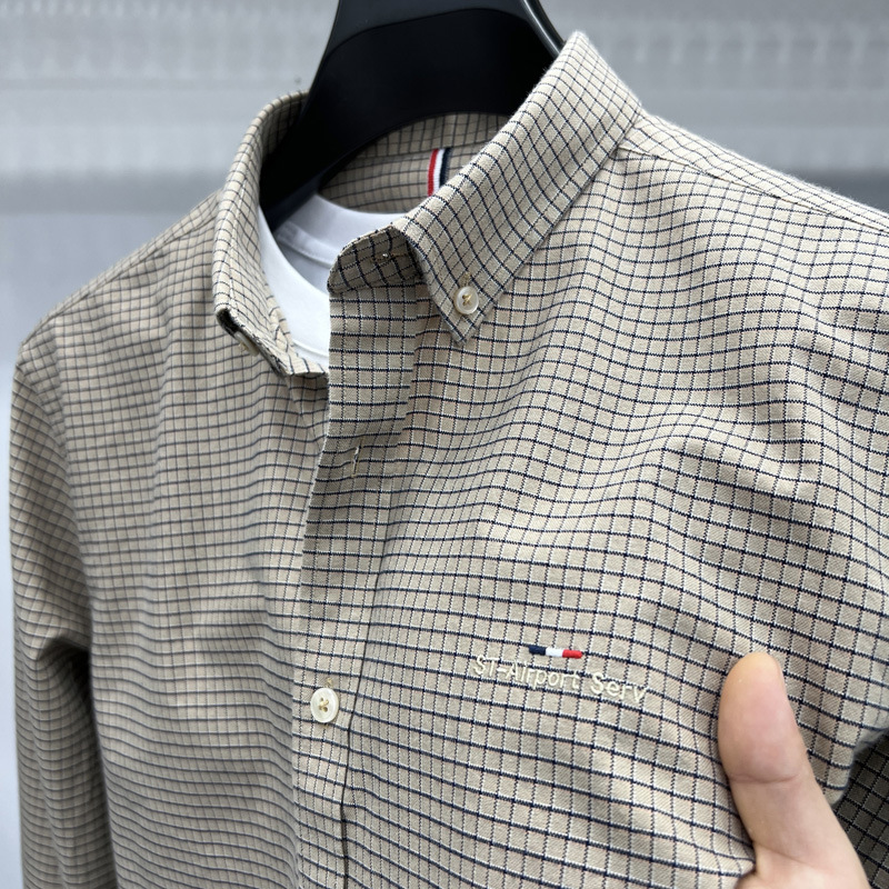 Pure Cotton Long-Sleeved Shirt for Young and Middle-Aged Men, High-End Houndstooth Embroidered Chest Logo, Fashionable Casual Non-Iron Shirt for Men