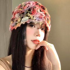 彩色手工编织钩花镂空包头帽子女透气小众出游显脸小套头针织帽潮