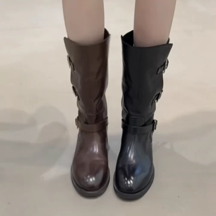 羊皮版~复古圆头粗跟中筒靴女两穿翻折真皮显瘦骑士靴皮带扣短靴|undefined