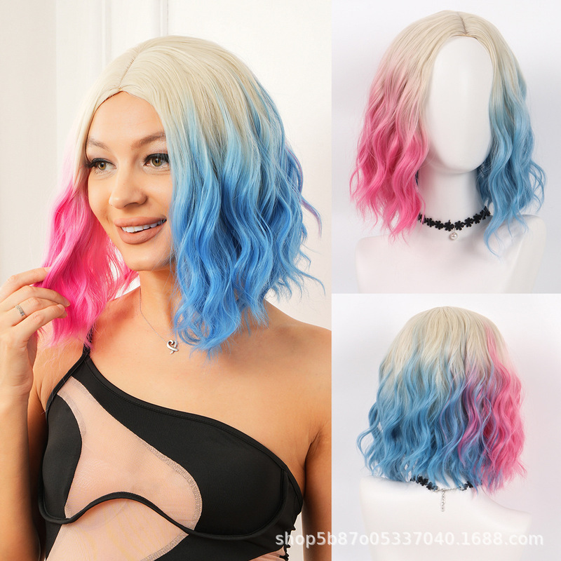 Wig Female Big Wave Suicide Squad Clown Cos Harley Quinn Medium Parted Short Curly Hair Halloween Performance Party