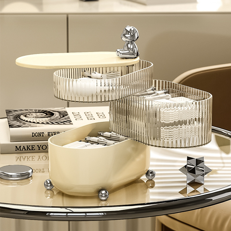 Cream Style Bear Desktop Storage Box Cosmetics Data Cable Organizer Rotating Compartment Multi-Layer Storage
