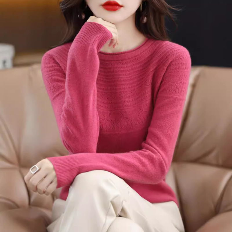 Seamless First-Line Garments 24 Years Autumn and Winter New Wool Sweater Women's Crewneck Hollow Knitted 100 Wool Base