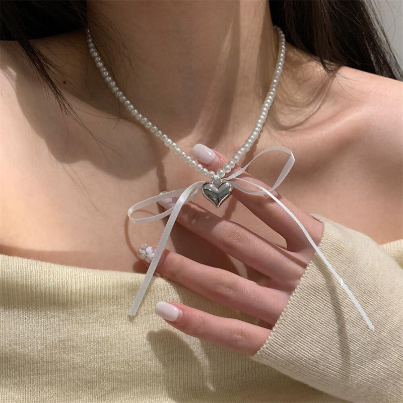 甘くてクールなリボンリボンラブパールネックレス女性のニッチ気質鎖骨チェーンネックレスチョーカーアクセサリー女性用|undefined