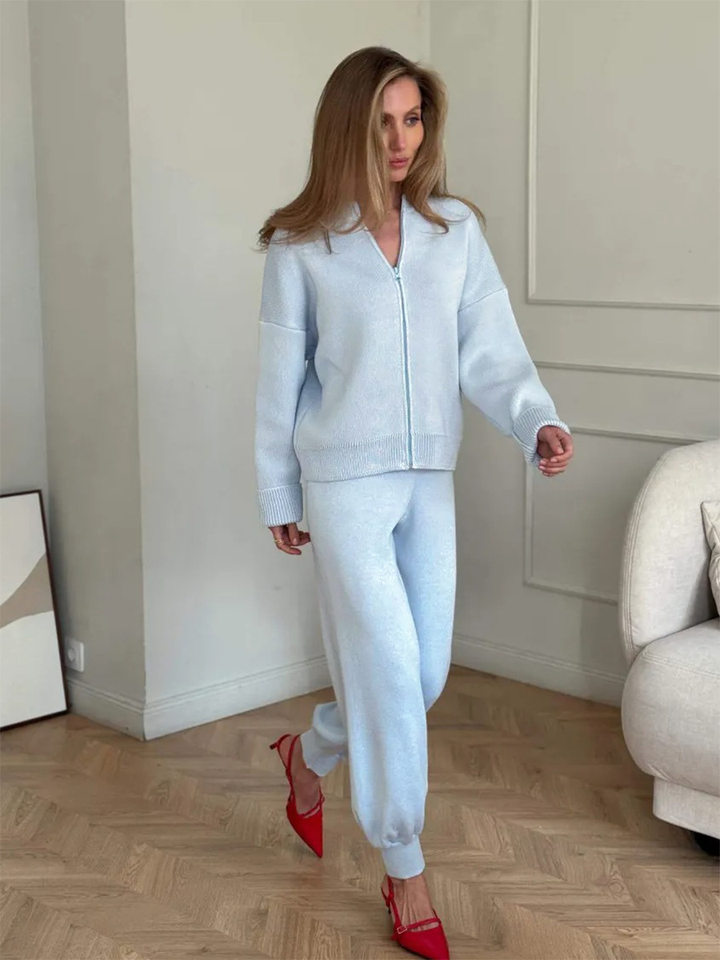 Bộ áo cardigan dệt kim khóa kéo dài tay phối quần ống rộng cho nữ — Màu nâu, Màu trắng, Màu xanh dương chi tiết 22