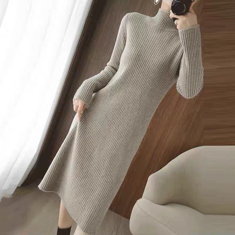 2023 autumn and winter new mid-length loose slimming over-the-knee fashionable western style long sleeve bottoming knitted dress women