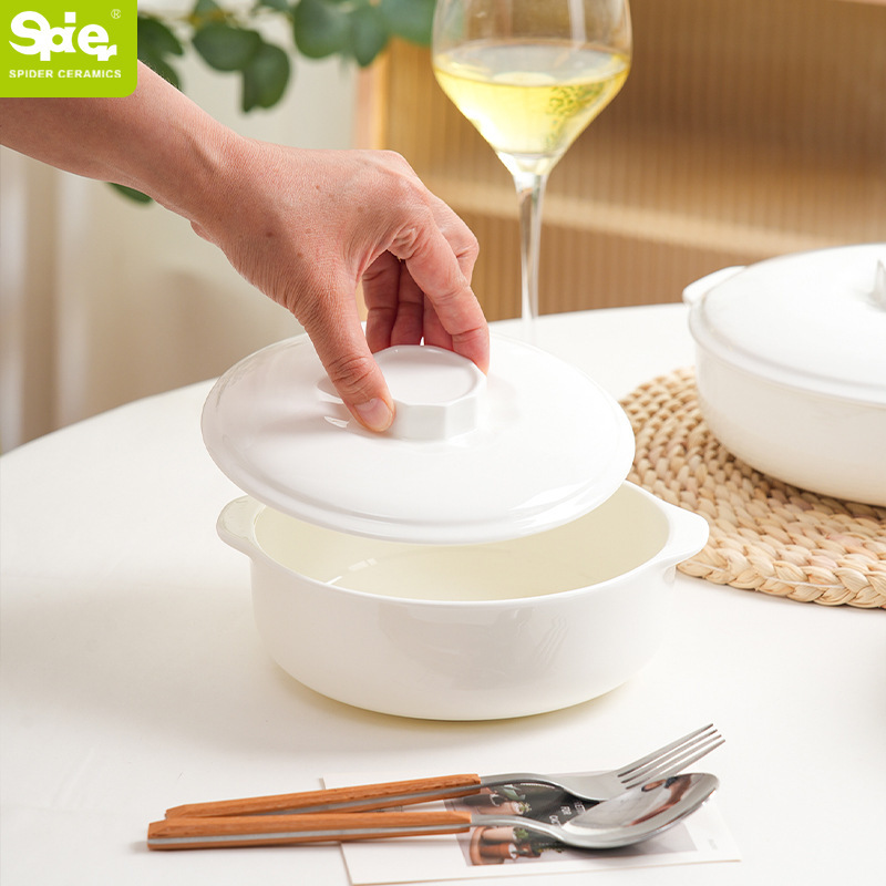 Tangshan bone china double-ear bowl, steaming bowl, pure white bowl with lid, noodle bowl, microwave and oven safe bowl, double-ear soup bowl for home use Tangshan bone china double-ear bowl, steaming bowl, pure white bowl with lid, noodle bowl, microwave and oven safe bowl, double-ear soup bowl for home use