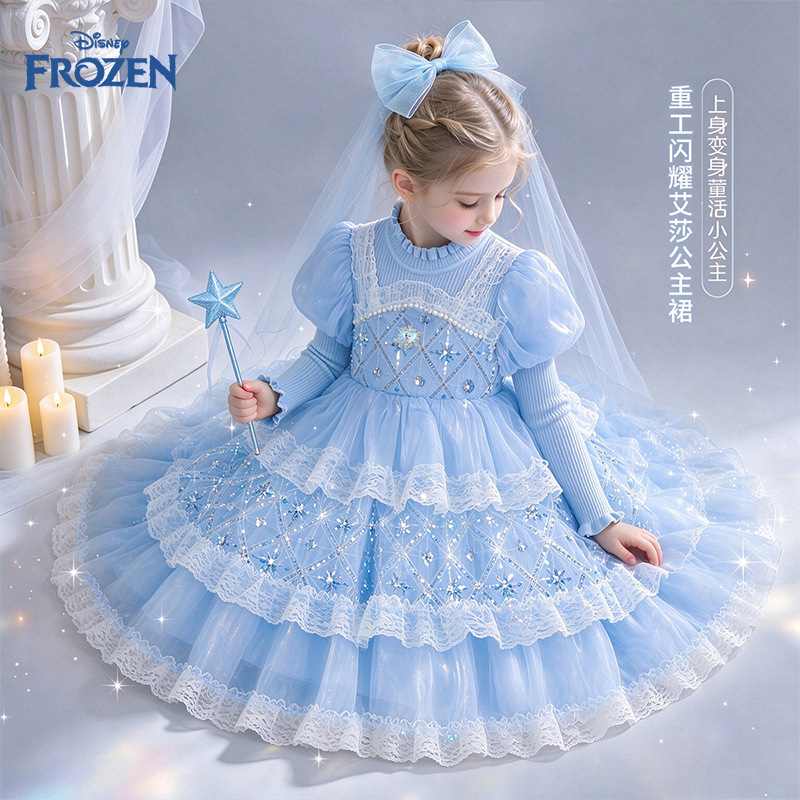 Disney Girls' Elsa Princess Dress, Autumn Frozen Elsa Sweater Dress, Children's Long-Sleeve Formal Dress