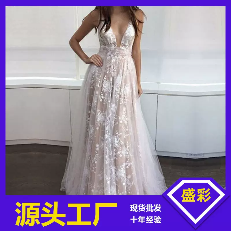Ebay亚马逊2025欧美晚礼服露背性感蕾丝伴娘服连衣裙无袖长裙礼服