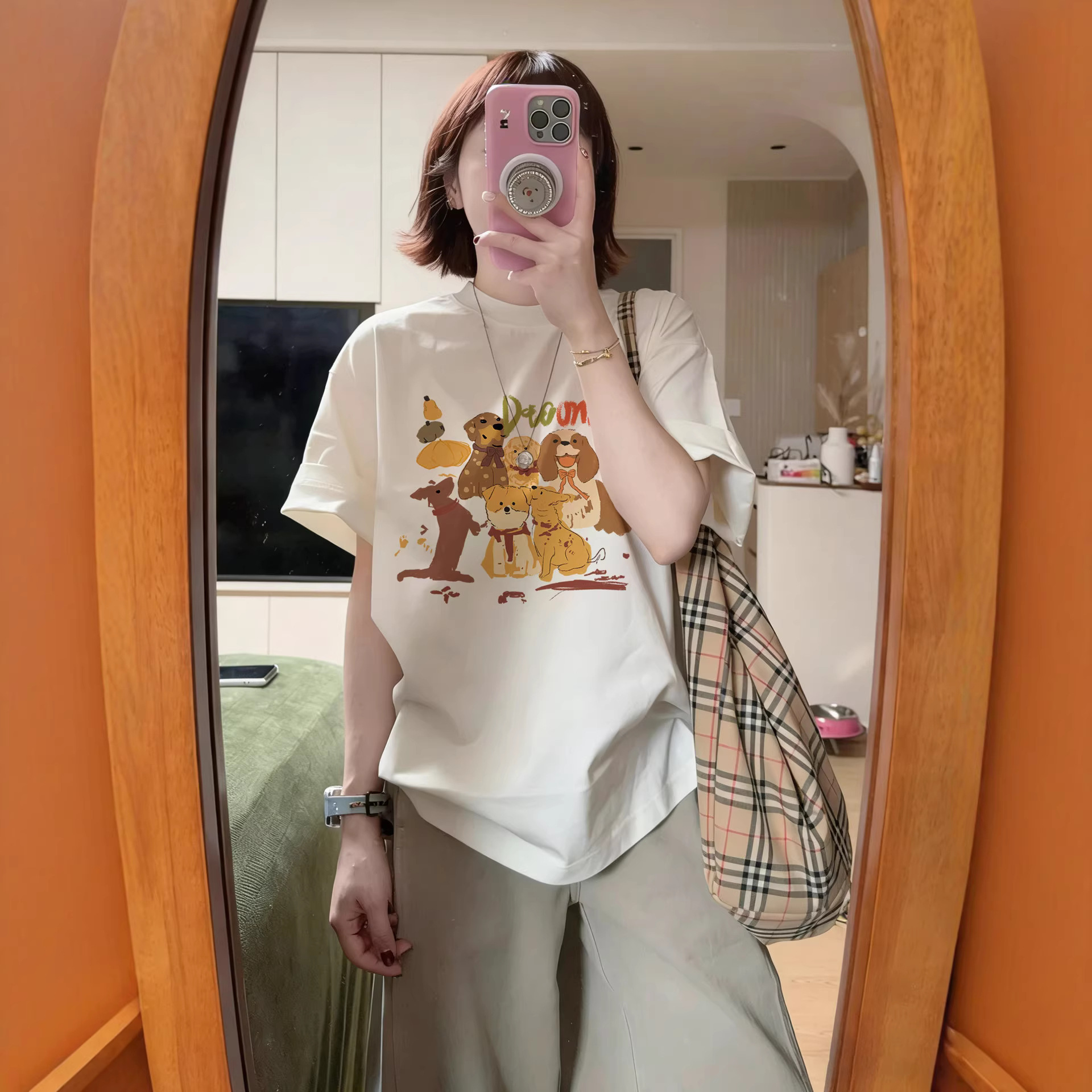 Puppy Print Korean Style White Pure Cotton Short-Sleeved T-Shirt for Women Summer American Style Loose Large Size 100kg Casual Versatile Top