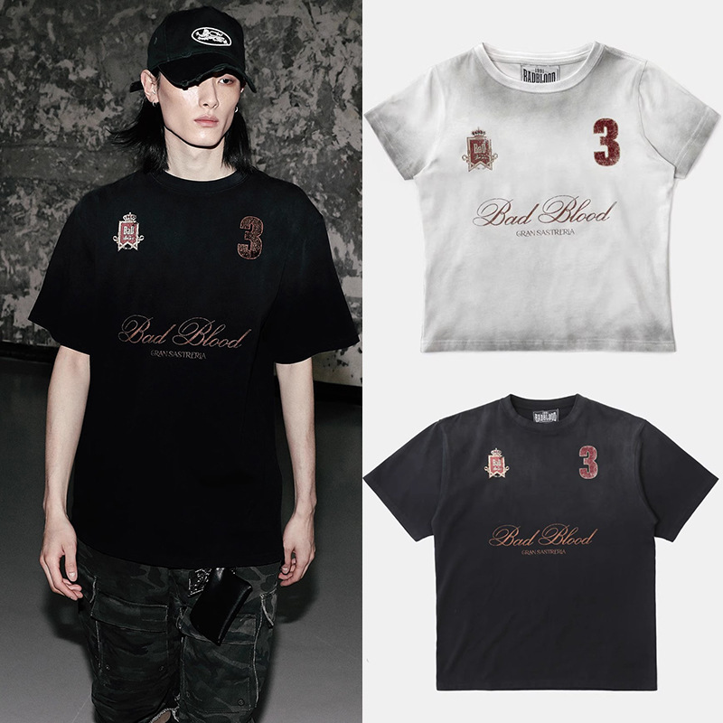 badblood American Style Retro Logo Tie-Dye Unisex Loose T-shirt for Couple Spice Girl Short Slim-fit Short-sleeve Top