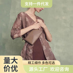 西班小众Corta衬衫女紫色印染V领苎麻宽松开衫衬衣百搭长袖上衣