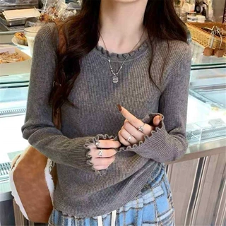 温柔风木耳边纯羊毛衫针织衫女士2026秋冬新款圆领修身打底衫毛衣