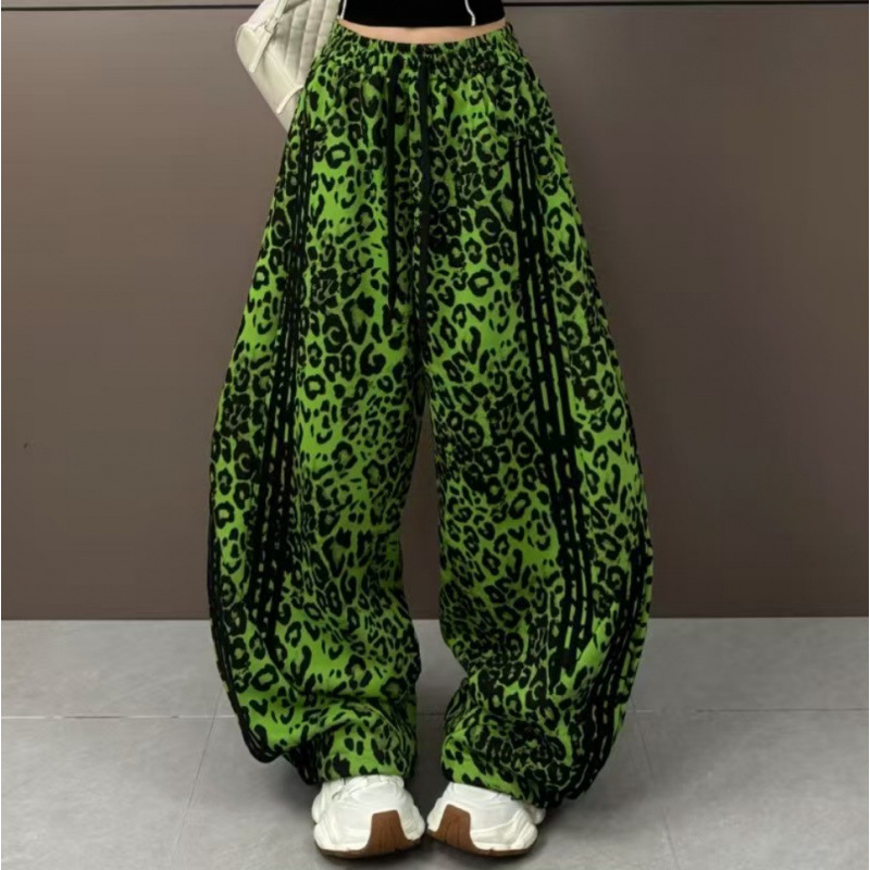 2026 Spring New Casual Sports Pants with Spliced Webbing Scimitar Pants Loose Leopard Print Casual Pants for Women