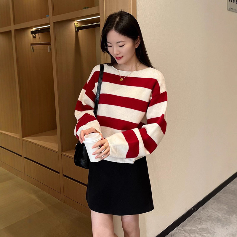 Knitted Sweater Top with Off-The-Shoulder Neckline, Wide Striped Wool Knit Sweater for Women, Loose and Lazy Style, Versatile Sweater