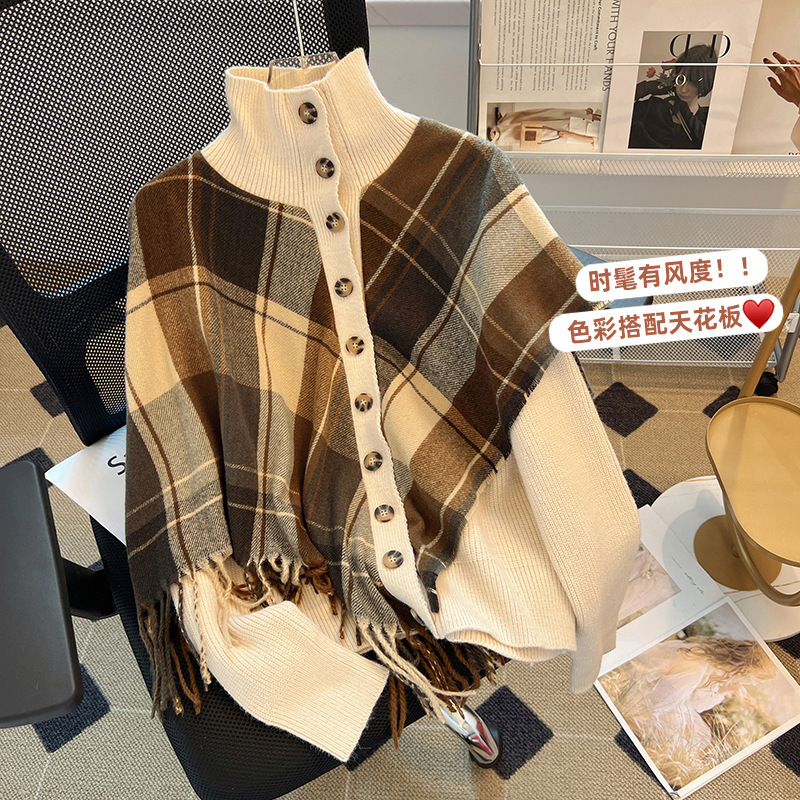 Clearance to pick up leaks ~ withdrawal of foreign trade autumn and winter turtleneck sweater women's plaid shawl fake two-piece knitted cardigan jacket tide Clearance to pick up leaks ~ withdrawal of foreign trade autumn and winter turtleneck sweater women's plaid shawl fake two-piece knitted cardigan jacket tide