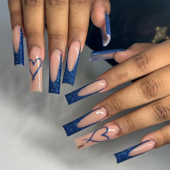 Flashing Diva Blue Long French Ballet Nails with Heart-Shaped Stripes — Minimalist Design, Euro-American Style, Perfect for Bold Chic Girls as Wearable Nail Tips