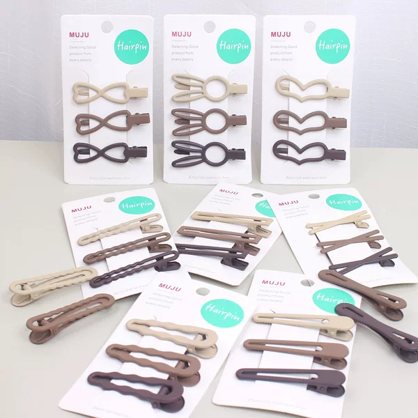 Korean-style milk tea color seamless hair clips 3-piece set, spray-painted duckbill clips, simple metal side clips for bangs and stray hairs