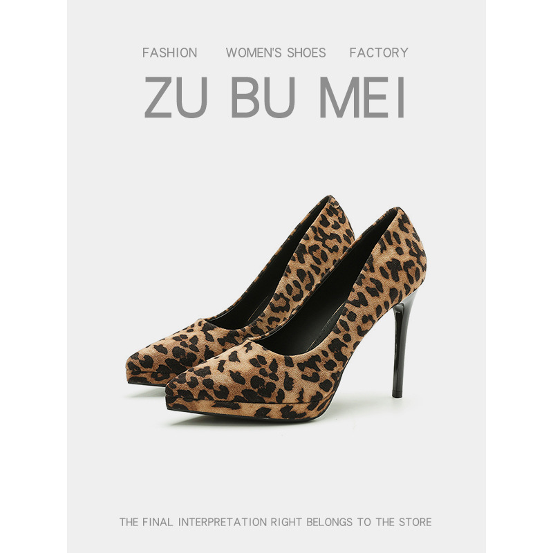 1088-8 欧美跨境性感豹纹绒面高跟鞋女尖头细跟防水台超高跟单鞋