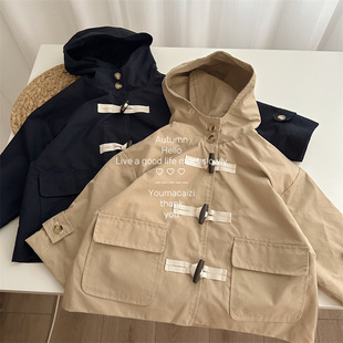 Xifan Spring and Autumn New Korean Style Children's Wooden Buckle Coat Retro Hooded Long Coat for Boys and Girls