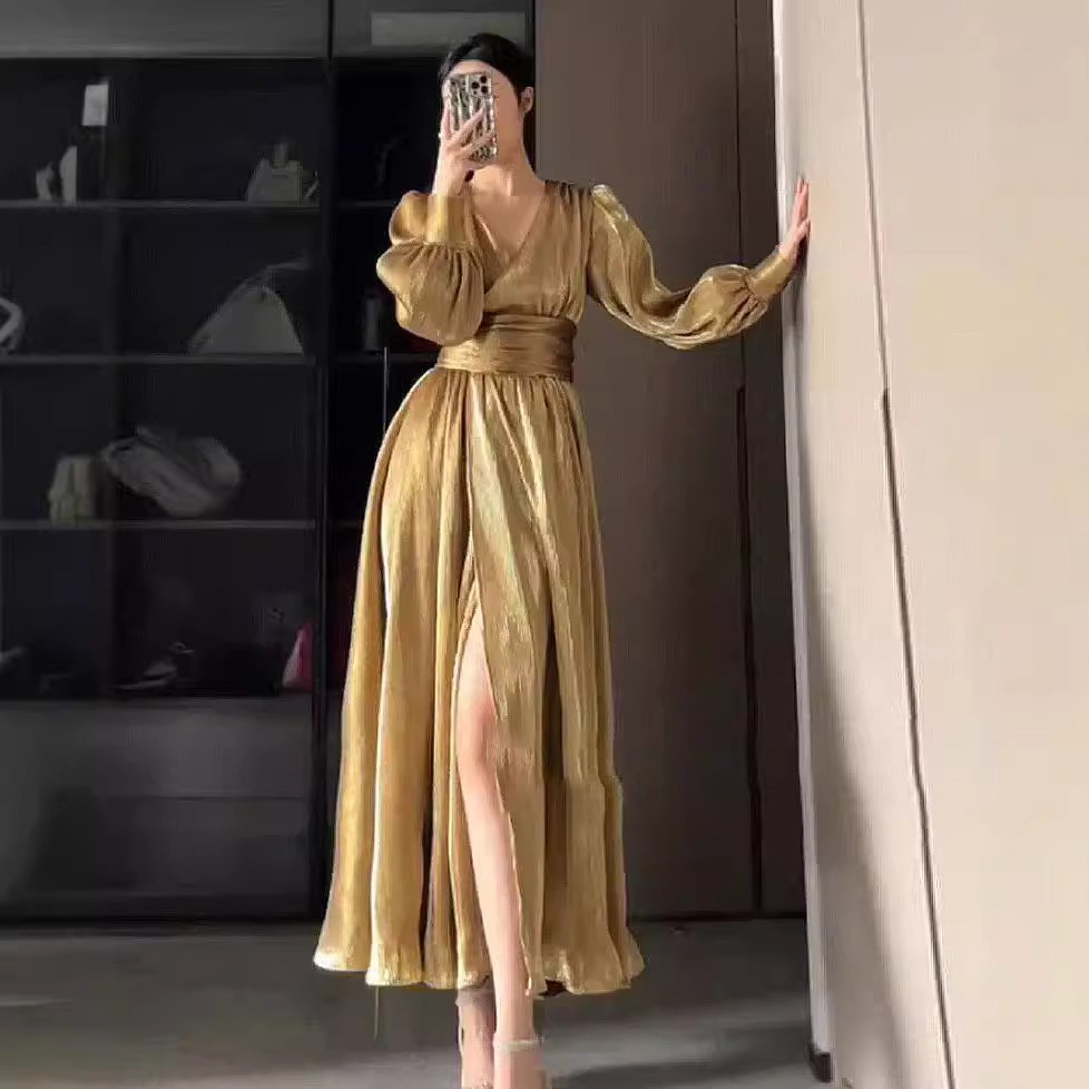 越南泰国秋季法式气质女神范长裙轻奢女神范礼服裙开叉连衣裙1840