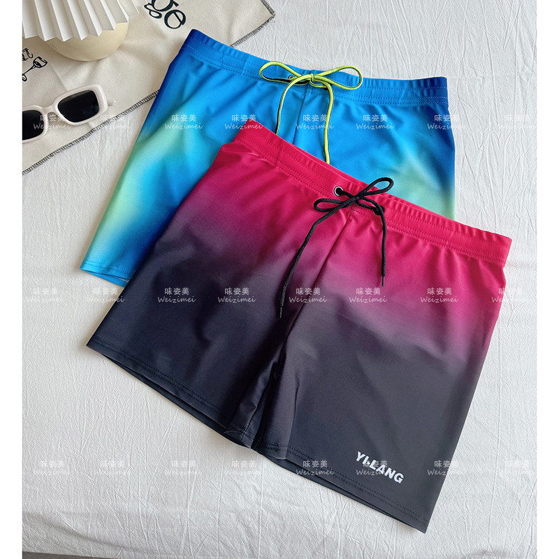New Men's Swimming Trunks for Summer, Men's Boxer Swimming Gear, Anti-Embarrassment Gradient Style Vacation Swim Trunks, Cross-Border