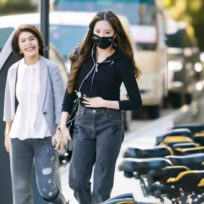 Women's Charcoal Black American Style Trendy Brand Personalized Cross Real Sheepskin Embroidered Metal Buckle Straight Quality Jeans