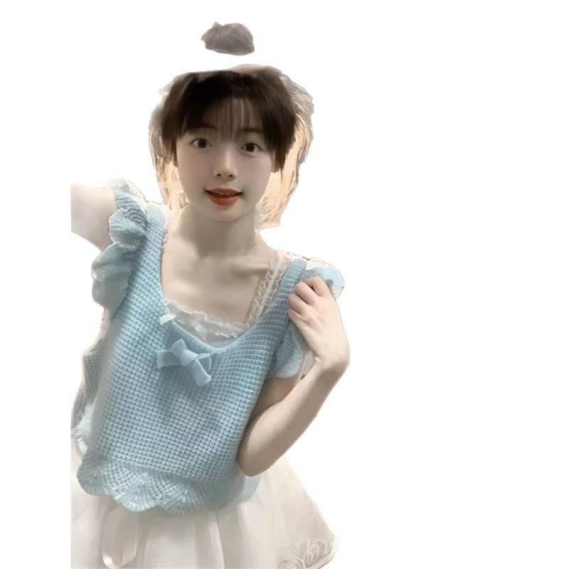 日系奶乖软妹蓝色小飞袖针织背心女夏季小个子短款减龄蝴蝶结上衣|undefined