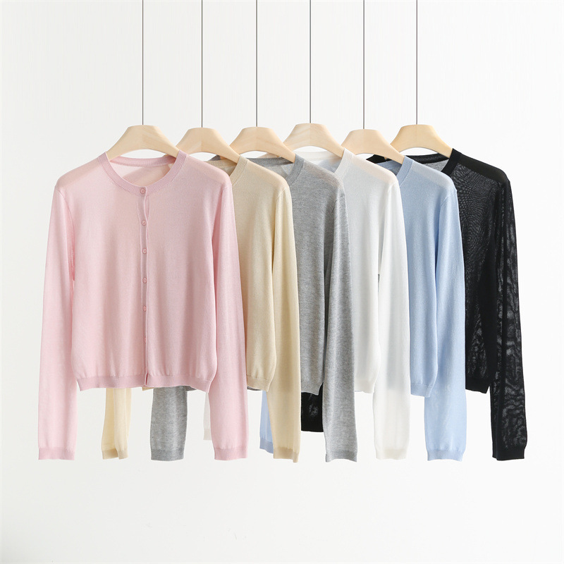 Colorful Glittery Tencel Round-Neck Cardigan for Women, Summer Lightweight, Breathable, Comfortable, Long-Sleeved, Sun-Protective, Air-Conditioning Knitwear V6603