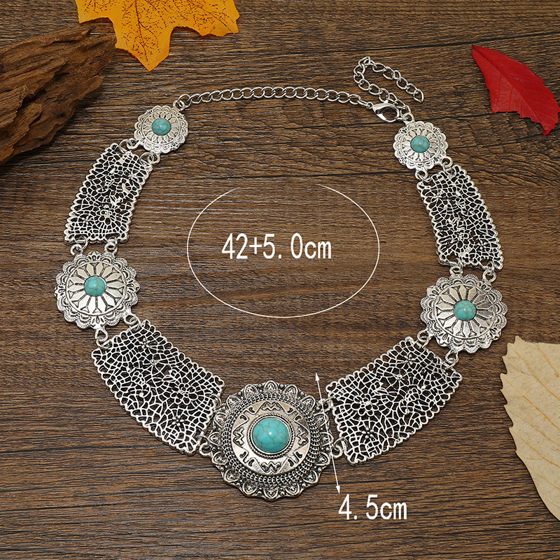 80g Weight December Birthstone Turquoise Inlay Material Retro Ethnic Style Flower Alloy Plating Inlay Turquoise Women's Necklace