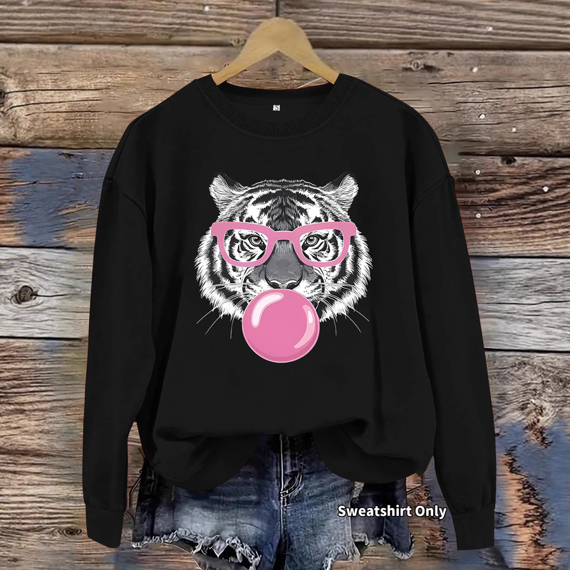 Loose Casual Women's Sweatshirt Tiger Bubble Gum Pattern Printed Foreign Trade Women's Round Neck Sweatshirt Sports Sweatshirt