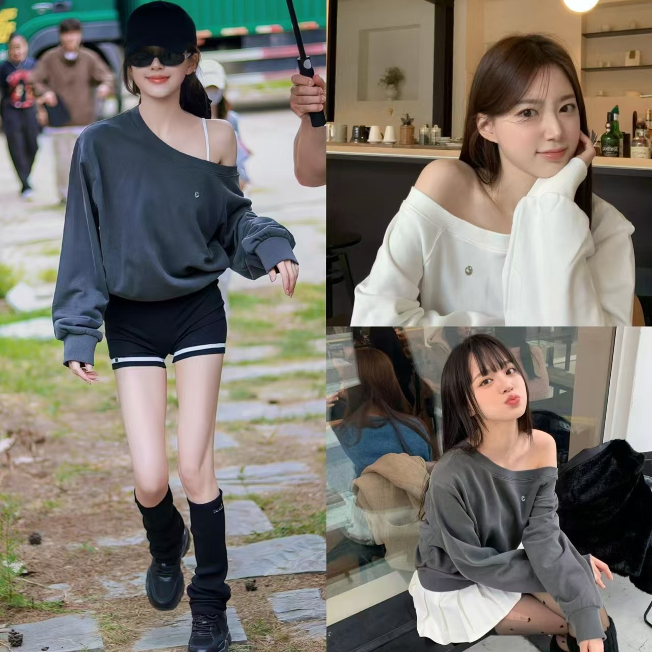 Korean 2025 Autumn Xu Meigong (Glory Star Xu Yan) Same Style Gray Asymmetrical One-Shoulder Off-Shoulder Sweatshirt for Women